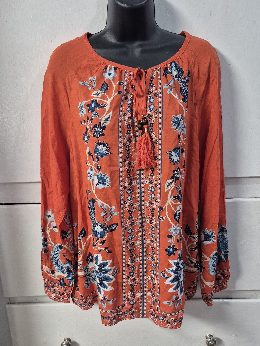 Chicos Embellished Blooms Boho Blouse Sz 1 M Orange Blue Floral Peasant Top